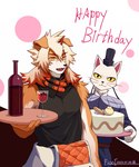5:6 absurd_res alcohol anthro arknights beverage birthday cake canid canine canis chinese crossover daringdashie dessert domestic_cat domestic_dog duo felid feline felis fiool food gentleman happy_birthday hi_res hung_(arknights) hypergryph li_bing_(white_cat_legend) male male/male mammal muscular muscular_male prince royalty simple_background smile studio_montagne white_cat_legend wine