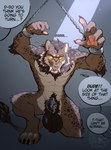4_toes 5_fingers animal_genitalia anthro arm_tuft ball_tuft balls bared_teeth bdsm belly big_balls bodily_fluids bondage bound brown_balls brown_body brown_fur brown_sheath chain chain_bondage chained chained_cuffs chastity_cage chastity_cage_only chastity_device chastity_device_only claws cuff_(restraint) dialogue digitigrade dripping elbow_tuft fangs feet feline_tail fingers flat_chastity_cage fluffy_balls front_view fur furgonomics furry-specific_piercing genital_fluids genital_piercing genitals glowing glowing_eyes gold_piercing growling in-sheath_cage kneeling leopard_spots light light_beam male mane metal_cuff moonbeam moonlight muscular muscular_male navel nude offscreen_character on_one_knee onomatopoeia pawpads paws piercing pink_nose precum precum_drip prisoner raised_arms reaching_towards_viewer red_pawpads restraints sabertooth_(anatomy) shackles sheath sheath_piercing solo sound_effects speech_bubble spots tail tail_tuft tan_belly teeth text toe_claws toes tongue tuft wearing_chastity_cage wearing_chastity_device whisker_spots yellow_eyes tozzmutt atlas_goldmane_(atlashunter) felid mammal prehistoric_species saber-toothed_tiger werecreature alternate_version_at_source artist_name english_text hi_res watermark