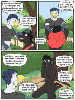 anthro balls beak black_body border bottomwear clothed clothed/nude clothing covering covering_crotch covering_self diamond_(marking) duo flustered genitals hand_on_head kneeling kneeling_on_ground male male/male markings nervous nude outside plant profanity public public_nudity speech_bubble tail text topwear tree undressing_partner white_border fuze texnatsu james_oliver sam_jackson avian bird equid equine horse mammal 3:4 comic english_text hi_res