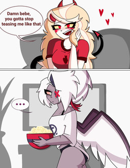 blush bowl breasts clothing container dialogue duo eyebrows female food heart_symbol horn narrowed_eyes obscured_eye open_mouth panties popcorn popcorn_bucket raised_eyebrow red_clothing red_heart red_shirt red_topwear shirt sitting spade_tail tail topwear underwear walking white_clothing white_shirt white_topwear wings thetitn20119578 hazbin_hotel hellaverse charlie_morningstar vaggi_(hazbin_hotel) angel demon fallen_angel humanoid hi_res