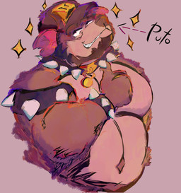 anthro beard belly bracelet brown_body brown_fur brown_hair clothing facial_hair fur gesture hair hand_gesture hat headgear headwear jewelry looking_at_viewer male musclegut muscular navel necklace pecs pointing pointing_at_self pubes red_body red_ears red_eyes red_fur simple_background smile smiling_at_viewer smirk smirking_at_viewer solo text fluffos kofu_(character) bear mammal absurd_res hi_res spanish_text translation_check