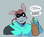 alcohol anthro beer beer_bottle beverage bottle bubble buckteeth clothed clothing container dialogue drunk drunk_bubble fur gloves hair handwear hiccup_(sound) holding_beverage holding_object male mask open_mouth ponytail simple_background smile solo speech_bubble substance_intoxication superhero superhero_costume teeth text tight_clothing dramamine blueshift_ii lagomorph leporid mammal rabbit