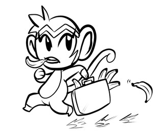 3_fingers banana barefoot feet female fingers food fruit gloves_(marking) holding_object leg_markings looking_aside markings mouth_hold nude plant running side_view simple_background socks_(marking) solo suitcase toony white_background unknown_artist shantae_(series) wayforward shantae_(monkey_form) haplorhine mammal monkey primate black_and_white monochrome