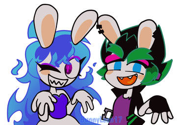 4_fingers anthro arms_bent bangs black_clothing black_ear_ring black_gloves black_hair black_handwear black_jacket black_topwear blue_clothing blue_eyes blue_hair blue_shirt blue_topwear bottomwear clothed clothed_anthro clothed_female clothing duo eye_through_hair eyebrows eyelashes eyelashes_through_hair eyeshadow female female_anthro fingerless_gloves fingers fully_clothed fully_clothed_anthro fully_clothed_female fur gloves green_eyebrows green_hair hair handwear heart_tongue jacket long_ears long_hair looking_at_viewer makeup multicolored_hair no_eyebrows no_pupils noseless notched_ear one_eye_closed open_clothing open_jacket open_topwear orange_tongue pink_eyeshadow pupils purple_clothing purple_ear_piercing purple_eyes purple_pupils purple_shirt purple_topwear sharp_teeth shirt short_hair simple_background skirt spiky_hair tan_cheeks tan_inner_ear teeth text thick_eyebrows tongue toothy_smile topwear translucent translucent_hair two_tone_hair white_background white_body white_bottomwear white_clothing white_fur white_skirt bunnylean17 mario_plus_rabbids_sparks_of_hope nintendo raving_rabbids rayman_(series) ubisoft edge_(mario_plus_rabbids) midnite_(mario_plus_rabbids) ghost hybrid lagomorph mammal rabbid spirit 2023 artist_name digital_drawing_(artwork) digital_media_(artwork) english_description flat_colors hi_res