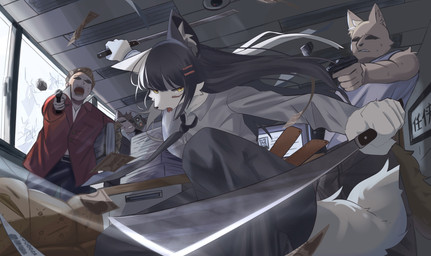 5_fingers anthro bottomwear briefcase calling clothing desk detailed_background electronics female fight fingers furniture group gun handgun katana machete male melee_weapon money office paper phone pistol ranged_weapon skirt sofa suit suit_and_tie sword table tail text weapon window mametunu canid canine canis fox human mammal wolf 2025 absurd_res digital_drawing_(artwork) digital_media_(artwork) hi_res
