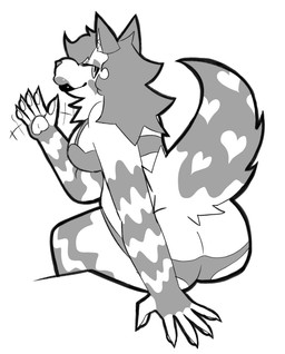 5_fingers anthro bra breasts butt clothing female fingers gesture hair heart_(marking) lips looking_at_viewer looking_back looking_back_at_viewer markings multicolored_lips panties solo spots spotted_markings spotted_tail striped_arms striped_legs tail tail_markings underwear waving waving_at_viewer bigsteppies canid mammal black_and_white hi_res monochrome