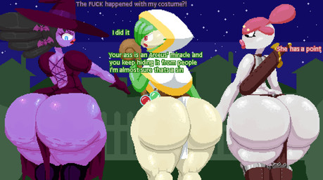 big_butt black_eyes black_hair blue_eyes bottomwear butt cellulite clothing exclamation_point female green_hair group hair hat headgear headwear holidays huge_butt ineffective_clothing loincloth looking_back melee_weapon not_furry open_mouth profanity purple_body question_mark red_eyes robe staff sword text thick_thighs trio weapon white_body wide_hips witch_hat spinneborg halloween nintendo pokemon gardevoir generation_3_pokemon generation_5_pokemon gothitelle humanoid medicham pokemon_(species) english_text hi_res