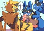 anal anal_fingering anal_masturbation anthro backsack balls black_body black_fur blue_body blue_fur blush bodily_fluids claws cum cum_in_mouth cum_inside cum_on_face duo erection fellatio fingering fur generation_4_pokemon generation_7_pokemon genital_fluids genitals japanese_text knot legendary_pokemon lucario male male/male masturbation multicolored_body multicolored_fur nintendo oral penile penis perineum pokemon pokemon_(species) sex text translated yellow_body yellow_fur yoshizaurusu_n zeraora