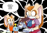 anthro beverage clothing coffee coffee_cup container cup dialogue dress female group saucer shatter spit-take text young omegasunburst sega sonic_the_hedgehog_(series) cheese_the_chao cream_the_rabbit vanilla_the_rabbit chao_(sonic) lagomorph leporid mammal rabbit english_text hi_res