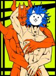 abs biceps blue_hair collarbone covering covering_crotch duo hair hand_on_head horn male male/male muscular muscular_male nipples nude pecs red_body daisuke the_battle_cats dark_emperor_nyandam the_cat_god animal_humanoid demon humanoid 3:4 hi_res