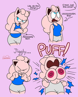 annoyed anthro anthrofied big_breasts blue_eyes bottomwear breast_expansion breast_growth breasts clothed clothing dialogue expansion female forced fur growth navel nipples offscreen_character open_mouth pink_background pink_body pink_fur pokemon_speak pokemorph red_nipples shirt shorts simple_background solo text topwear torn_clothing torn_shirt torn_topwear filthycottonart unfortu-nate nintendo pokemon cailila_(unfortu-nate) generation_1_pokemon jigglypuff pokemon_(species) 2022 4:5 digital_media_(artwork) english_text hi_res