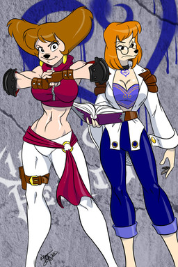 alternate_costume anthro breasts brown_hair cleavage clothed clothing crop_top duo eyewear female fingerless_gloves glasses gloves hair handwear mature_female midriff navel red_hair shirt topwear zipper aeolus06 disney goof_troop kingdom_hearts square_enix peg_pete sylvia_marpole canid canine canis domestic_dog mammal 2015 crossover