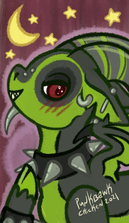 ear_piercing ear_ring green_body green_scales horn male piercing red_eyes ring_piercing scales solo text year punkbawkchicken hasbro my_little_pony mythology strife_(pbc) dragon equid equine horse mammal mythological_creature mythological_scalie pony scalie 2021 artist_name