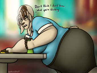 anthro belly bent_over big_belly big_breasts big_butt blurred_background breasts butt cleaning cleaning_tool dialogue eyewear female furniture glasses obese obese_anthro obese_female overweight overweight_anthro overweight_female solo table tail talking_to_viewer text thick_thighs waiter oystercatcher7 goat_(movie) sony_corporation sony_pictures carol_(goat) camelid llama mammal artist_name digital_media_(artwork) english_text hi_res