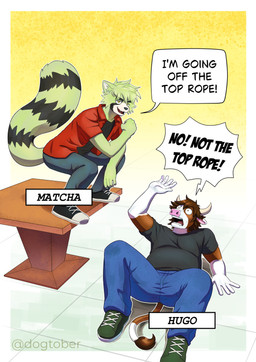 ambiguous_gender anthro bottomwear clothing denim denim_bottomwear denim_clothing duo fur green_body green_fur horn jeans lying male on_back pants text dogtober ailurid bovid bovine cattle mammal red_panda english_text hi_res