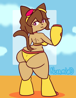 anthro arm_cannon back_boob beach big_breasts big_butt bikini breasts butt butt_cleavage clothed clothing eyewear female goggles huge_butt looking_back rear_view shortstack shortstack_female simple_background solo swimwear thick_thighs two-piece_swimsuit weapon_arm wide_hips nokamiwd gameoverse glitch_productions kit_bodega domestic_cat felid feline felis mammal absurd_res hi_res