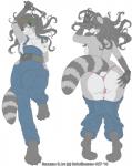 anthro big_bulge bottomwear bottomwear_down breasts bulge clothed clothing dakimakura genitals hand_on_butt herm intersex looking_at_viewer nipples overalls pants pants_down partially_clothed pussy smile solo underwear drmellbourne roxanne_(drmellbourne) mammal procyonid raccoon dakimakura_design hi_res