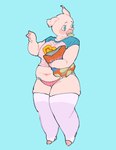 3_fingers anthro bald belly big_belly big_breasts biped blue_background blue_eyes blush breasts chip_bag chips_(food) clothed clothing eating eyebrows female fingers food food_in_mouth heart_symbol holding_bag hooves legwear nipple_outline one_ear_up overweight overweight_anthro overweight_female panties pink_body pink_clothing pink_panties pink_underwear raised_clothing raised_eyebrows raised_shirt raised_topwear shirt simple_background slightly_chubby solo standing thick_thighs thigh_highs topwear underwear white_clothing white_legwear white_sclera white_thigh_highs wide_hips sori0414 domestic_pig mammal suid suine sus_(pig) digital_media_(artwork) hi_res