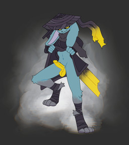 :3 anthro balls black_eyes black_sclera blue_body blue_fur clothed clothing clothing_lift fur genitals grey_background grey_body grey_fur hat headgear headwear legwrap male melee_weapon navel penis robe simple_background solo standing straw_hat sword weapon yellow_balls yellow_eyes yellow_penis xing1 limbus_company project_moon heishou_pack-mao_branch_(project_moon) zaya_(bleau) felid hybrid lagomorph leporid mammal rabbit hi_res nonbinary_(lore)