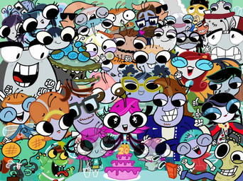 4_arms anniversary antennae_(anatomy) anthro black_eyewear black_glasses black_hair blue_clothing blue_hair blue_hat blue_headwear blue_jacket blue_shirt blue_topwear bottomwear brown_bottomwear brown_clothing brown_hair brown_pants cake clothing dessert eyewear female food glasses group hair hat headgear headwear jacket male male/female multi_arm multi_limb orange_bottomwear orange_clothing orange_hair orange_skirt pants pink_hair prison_uniform shirt skirt topwear mags-niac disney the_buzz_on_maggie aldrin_pesky background_character bella_pesky brad_montergoe carmela_(the_buzz_on_maggie) chauncey_pesky dave_polsky dave_wasson dawn_swatworthy eugene_(the_buzz_on_maggie) frieda_pesky germy gym_shorts_kid lacey_ladybug maggie_pesky maria_the_monarch melvin_stinkelton neep pupert_pesky rayna_cartflight snapercival_carpenter tammy_zesty wendell_(the_buzz_on_maggie) ant arthropod bee beetle cucujoid fly_(animal) hymenopteran insect ladybug larva lepidopteran maggot moth stink_bug true_bug worm hi_res