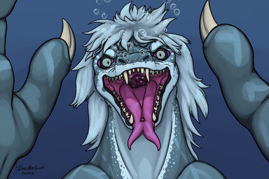 ambiguous_gender anthro bubble claws countershading fangs forked_tongue grey_body grey_eyes grey_skin hair long_hair looking_at_viewer mottled mouth_shot open_mouth open_smile piercing pink_gums pink_mouth pink_tongue sharp_teeth smile solo teeth throat tongue tongue_out tongue_piercing tongue_stud underwater water whiskers white_body white_hair white_skin doesnotexist aquatic leopard_seal mammal pinniped seal bust_portrait digital_media_(artwork) hi_res portrait signature