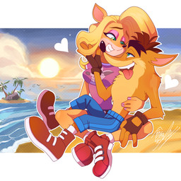 anthro beach blonde_hair bottomwear breasts brown_hair clothing cloud colored_nails day duo eye_contact eyeshadow female fingerless_gloves footwear fur gloves green_eyes hair half-closed_eyes handwear heart_symbol long_hair looking_at_another makeup male male/female nails narrowed_eyes open_mouth palm_tree pants plant romantic romantic_couple sand seaside shoes smile sun teeth tongue tongue_out tree water m5mona activision crash_bandicoot_(series) crash_bandicoot tawna_bandicoot bandicoot mammal marsupial 1:1 2020 hi_res signature