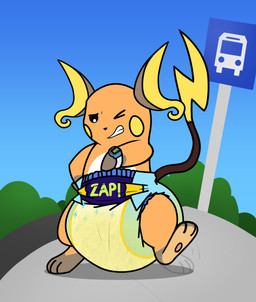 3_toes ambiguous_gender anthro big_diaper black_nose bodily_fluids brown_body brown_tail bus_stop bus_stop_sign clenched_teeth clock clothed clothing diaper diaper_only featureless_hands feet genital_fluids gloves_(marking) huge_diaper leg_markings lightning_tail long_tail looking_down markings multicolored_body multicolored_tail one_eye_closed orange_body plant road shrub sidewalk sky socks_(marking) solo standing tail tapping_foot teeth toes topless unclean_diaper urine used_diaper using_diaper watch wearing_diaper wet_diaper wetting wetting_diaper white_body imces nintendo pokemon pants_(babypants666) generation_1_pokemon pokemon_(species) raichu full-length_portrait hi_res portrait