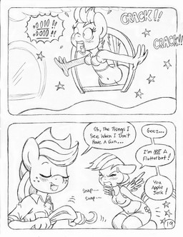 anthro back_wings blush blush_lines bodily_fluids bottomwear clothed clothed_anthro clothed_female clothing cowboy_hat cowboy_outfit cutie_mark dialogue duo eyelashes female freckled_face freckles fully_clothed fully_clothed_anthro fully_clothed_female hat head_out_of_water headgear headwear onomatopoeia pain shorts smug sound_effects spandex spandex_clothing spandex_shorts speech_bubble sweat sweatdrop text tight_bottomwear tight_clothing tight_shorts towel towel_whip train vehicle whipping whipping_butt wings circe_(artist) friendship_is_magic hasbro my_little_pony mythology applejack_(mlp) rainbow_dash_(mlp) earth_pony equid equine horse mammal mythological_creature mythological_equine pegasus pony comic english_text monochrome
