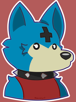 anthro arm_tuft black_collar black_eyes black_markings black_nose blue_body blue_fur cheek_tuft chibi clothing collar cross cross_(marking) face_focus facial_tuft fur glistening glistening_eyes grey_spikes inverted_cross male markings red_background red_clothing red_shirt red_topwear shirt shoulder_tuft simple_background solo spiked_collar spikes tan_body tan_fur three-quarter_view topwear tuft mouselect mythology canid canid_demon canine canis demon hellhound mammal mythological_canine mythological_creature wolf 3:4 absurd_res digital_drawing_(artwork) digital_media_(artwork) digital_painting_(artwork) hi_res icon painting_(artwork)
