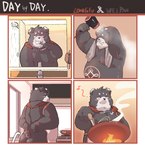 2022 anthro apron bathroom bear belly black_body black_nose brush brushing brushing_teeth butt clothing comic cooking eyes_closed hi_res humanoid_hands kemono kitchen male mammal moobs overweight overweight_male solo towel towel_around_neck white_body yimingsama