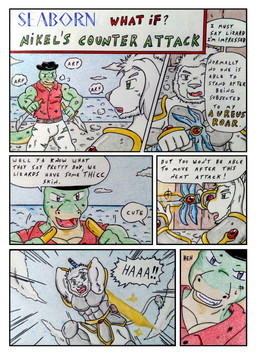 anthro arf armor armored_boots attack barazoku biceps bottomwear breathing clothed clothing comic_panel dagger day dialogue duo fantasy footwear green_body green_eyes hair handwear hat headgear headwear holding_melee_weapon holding_object holding_sword holding_weapon male manly medieval medieval_armor medieval_clothing medieval_fantasy melee_weapon muscular muscular_anthro muscular_male open_mouth outside pants port purple_eyes red_clothing sea seaside shirt shoulder_pads sky speech_bubble spin-off sword tail teeth text topwear torn_bottomwear torn_clothing torn_pants torn_shirt torn_topwear water weapon white_body white_bottomwear white_clothing white_pants wounded dashthefox albino_(seaborn) nikel felid lion lizard mammal pantherine reptile scalie absurd_res comic english_text hi_res traditional_media_(artwork)