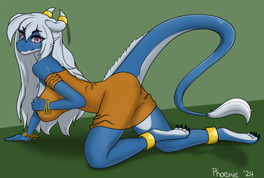 4_toes 5_fingers anklet anthro barefoot big_breasts biped blush bracelet breasts claws clothed clothed_anthro clothed_female clothing countershade_face countershade_feet countershade_hands countershading dress eyebrow_through_hair eyebrows feet female fingers green_background grey_hair hair hand_on_breast head_turned horn humanoid_feet humanoid_hands jewelry long_hair long_tail looking_at_viewer non-mammal_breasts orange_clothing orange_dress plantigrade pose purple_eyes seductive shadow shy side_view simple_background solo tail text toe_claws toes translucent translucent_hair phoenie mythology sofia_(phoenie) dragon mythological_creature mythological_scalie scalie 2024 artist_name colored hi_res pinup shaded