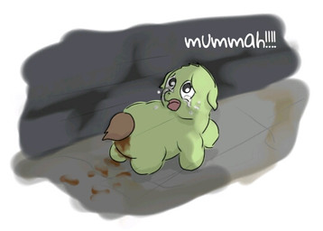 ambiguous_feral ambiguous_gender baby_talk black_eyes bodily_fluids brown_tail crying dialogue feces feral fur green_body green_fur looking_back monotone_body monotone_fur neonate open_mouth rear_view solo tail tears text walking young young_ambiguous young_feral carpdime fluffy_pony fluffy_pony_(species) mammal english_text