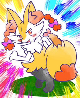 accessory ambiguous_anthro ambiguous_gender anthro biped blush blush_stickers bow_ribbon braided_hair digitigrade dipstick_tail food hair hair_accessory hair_bow hair_ribbon looking_at_viewer looking_back looking_back_at_viewer markings no_pupils object_in_tail open_mouth open_smile rear_view ribbons shrimp_(food) smile snout solo tail tail_markings three-quarter_view walking annyui0611 nintendo pokemon braixen canid generation_6_pokemon mammal pokemon_(species) 2024 digital_drawing_(artwork) digital_media_(artwork) full-length_portrait hi_res japanese_description portrait translated_description