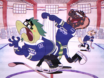 black_body black_nose black_scales blue_bottomwear blue_clothing blue_handwear blue_mittens blue_pants blue_shirt blue_topwear blush blush_lines blush_stickers bodily_fluids bottomwear briefs bullying clothed clothing dialogue embarrassed eyebrows eyewear facial_hair footwear fully_clothed glasses goatee group handwear hockey_puck hockey_rink ice_hockey ice_skates inside male male/male markings mittens open_mouth open_smile pants pattern_clothing pattern_shirt pattern_topwear scales seats shirt smile spots spotted_face spotted_markings striped_clothing striped_shirt striped_topwear stripes tears teeth_showing text thick_eyebrows tighty_whities tongue tongue_out tongue_showing toony topwear trio underwear wedgie white_briefs white_clothing white_shirt white_text white_topwear white_underwear window agitongu jockington_jockeys casey_(reggieigulas) jaxon_(reggieigulas) reggie_igulas canid canine canis domestic_dog mammal reptile scalie snake 4:3 english_text hi_res translation_request
