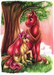 2023 absurd_res accessory apple_bloom_(mlp) big_macintosh_(mlp) blonde_hair bow_ribbon earth_pony equid equine female friendship_is_magic fur green_eyes hair hair_accessory hair_bow hair_ribbon hasbro hi_res horse lupiarts male mammal my_little_pony plant pony red_body red_fur ribbons sitting tree yellow_body yellow_fur yoke