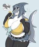 anthro big_breasts biped blush bottomwear breasts cleavage clothed clothing female female_anthro feral fin grey_body heart_eyes heart_symbol huge_breasts shorts solo tail tail_fin white_body iriedono pecon third-party_edit fish marine shark 2024 color_edit colored digital_media_(artwork)