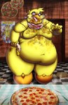 anthro beak belly belly_expansion bib big_belly big_breasts blood bodily_fluids breasts breath cheese dairy_products deep_navel dialogue door drooling expansion feathers featureless_breasts female fingers food gore machine messy navel obese obese_anthro obese_female open_mouth overweight overweight_anthro overweight_female panting pepperoni pepperoni_pizza pink_eyes pizza pizza_slice saliva solo speech_bubble stuffing teeth text thick_thighs tongue tongue_out weight_gain weight_gain_drive yellow_body yellow_feathers viroveteruscy five_nights_at_freddy's scottgames chica_(fnaf) animatronic avian bird chicken galliform gallus_(genus) phasianid robot 2024 absurd_res digital_media_(artwork) english_text hi_res