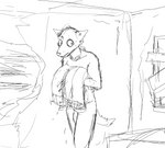 anthro black_and_white bodily_fluids canid canine clothing comic daniel_(hladilnik) flaccid genitals hladilnik holding_object male mammal monochrome nude penis scared simple_background sketch solo standing sweat sweatdrop white_background