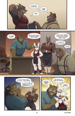 anthro apron blush bodily_fluids bottomwear bow_tie brown_body chair clothing desk dialogue embarrassed eyes_closed fur furniture group hair larger_male male mature_male muscular muscular_anthro nervous office_chair open_mouth pants shirt sitting size_difference smile speech_bubble suspenders sweat table teeth text topwear vest white_body white_fur thepurp aldrich_haynes_(thepurp) blake_harper_(thepurp) finn_(thepurp) marcus_(thepurp) canid canine canis dobermann domestic_dog felid lagomorph leporid lion mammal pantherine pinscher rabbit suid suine sus_(pig) wild_boar absurd_res comic english_text hi_res