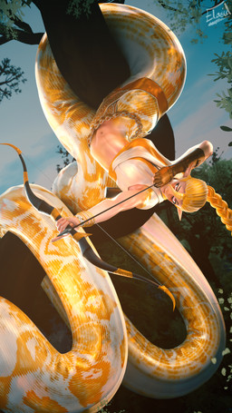 abs aiming aiming_bow albino apode archer athletic blonde_hair bow_(weapon) character_bio clothed clothing coiling female gloves hair handwear hanging_from_branch hanging_upside_down legless long_tail midriff muscular navel plant ponytail ranged_weapon rappelling scales scaly_tail serpentine solo split_form tail taut toned_body toned_female tree upside_down weapon yellow_tail elasid piper_(elasid) draconcopode hybrid lamia python reptile scalie snake 3d_(artwork) 4k 9:16 absurd_res digital_media_(artwork) hi_res