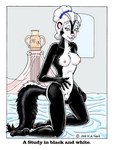 2018 anthro black_body black_fur blue_eyeshadow breasts english_text eyeshadow female fur genitals hair kneeling makeup mammal mephitid navel nipples nude open_mouth pawpads pink_nose pubes pussy skunk solo steamfox text white_hair
