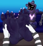 5_toes anthro armor barefoot big_butt black_body black_skin blue_background butt claws clothing duo eye_scar facial_scar feet female foot_fetish foot_focus foot_on_table foot_rub fur furniture gauntlets gloves glowing glowing_claws handwear hood humanoid_feet looking_at_viewer massage plantigrade purple_body purple_eyes purple_fur relaxed_expression relaxing scar shadow_face simple_background soles table toes ssunsalm epic_games fortnite meow_skulls raven_team_leader bear felid feline mammal hi_res