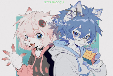5_fingers accessory anthro black_clothing black_hoodie black_topwear blue_claws blue_clothing blue_eyebrows blue_eyes blue_hair blue_hoodie blue_pawpads blue_topwear chain_necklace claws closed_smile clothed clothed_anthro clothed_female clothed_male clothing collar cross cross_piercing duo ear_piercing eyebrows eyewear female fingers flesh_fang fur gesture glasses green_background grey_sclera hair hair_accessory hairpin holding_object holding_rubik's_cube hoodie jewelry looking_at_viewer male mouth_closed necklace one_fang open_mouth pawpads piercing pink_body pink_claws pink_clothing pink_eyebrows pink_fur pink_hair pink_hoodie pink_pawpads pink_topwear round_glasses side_by_side simple_background smile smiley_face smiling_at_viewer text tongue_showing topwear waving waving_at_viewer wearing_glasses white_background white_body white_fur dg_jia rubik's_cube felid feline mammal 2023 absurd_res dated digital_drawing_(artwork) digital_media_(artwork) english_text hi_res