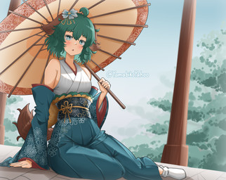 ahoge arm_support armwear asian_clothing bare_shoulders blue_eyes blush bottomwear brown_ears brown_tail clothing detached_sleeves east_asian_clothing female flower footwear green_hair hair hakama hakama_skirt holding_object holding_umbrella japanese_clothing kimono looking_at_viewer oil-paper_umbrella open_mouth plant pose sitting socks solo tail text umbrella white_clothing white_footwear white_kimono white_socks yokozuwari yamabikoyahoo touhou kyouko_kasodani animal_humanoid canid canid_humanoid canine canine_humanoid dog_humanoid humanoid mammal mammal_humanoid absurd_res artist_name hi_res