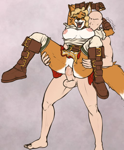 anthro anthro_penetrated bodily_fluids breasts duo faceless_character faceless_male female female_penetrated from_behind_position genital_fluids genitals hair human_on_anthro human_penetrating human_penetrating_anthro interspecies male male/female male_on_anthro male_penetrating male_penetrating_anthro male_penetrating_female nipples open_mouth penetration penis reverse_stand_and_carry_position sex standing standing_sex vaginal vaginal_fluids vaginal_penetration vulva blokfort realm_royale anon hilda_the_huntress canid canine fox human mammal 2022 hi_res