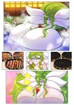 alcohol anthro bathing bathrobe beverage big_breasts blush breasts chest_spike cleavage clothed clothing eating eating_food eyes_closed eyewear female food glasses green_body green_hair hair heart_symbol huge_breasts hyper hyper_breasts leaning leaning_backward long_hair looking_at_breasts looking_at_own_breasts looking_at_self multicolored_body nude open_mouth red_eyes robe sake shaking_breasts smile solo spikes spikes_(anatomy) steam surprised_expression white_body arinadler nintendo pokemon orchid_(pelleelle) gardevoir generation_3_pokemon pokemon_(species) comic hi_res