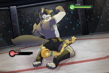 adult_on_young age_difference anthro arm_markings bodily_fluids boxer_briefs briefs clothing dom/sub duo facesitting fighting_ring gameplay_mechanics gui health_bar humiliation level_number male male/male male_dominating_male markings muscular muscular_male musk public public_humiliation shoulder_markings sitting sitting_on_another stage sweat underwear wrestling young lil5parrow cal_(lmao0384) huskgear canid canine canis domestic_dog fox husky mammal nordic_sled_dog spitz 3:2 hi_res
