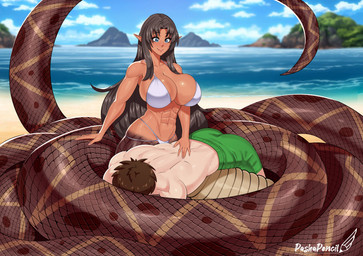 abs apode athletic athletic_female beach big_breasts bikini breasts brown_body brown_scales clothing duo female grey_hair hair humanoid_pointy_ears legless long_hair male on_lap pointy_ears scales serpentine split_form swimming_trunks swimwear tan_body tan_skin two-piece_swimsuit pashapencil draconcopode human lamia mammal reptile scalie snake 2026
