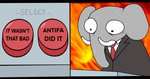 anthro antifa bodily_fluids clothed clothing comparing fire humor male political_cartoon politics pushbutton solo suit sweat text tusks happyroadkill republican george_o._pillsburry republican_elephant elephant elephantid mammal proboscidean 2021 digital_drawing_(artwork) digital_media_(artwork) english_text flat_colors hi_res meme